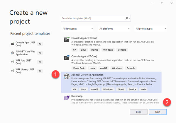 Create a new Project Kies een ASP.NET Core Web Application